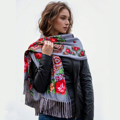 Floral Print Fringe Shawl