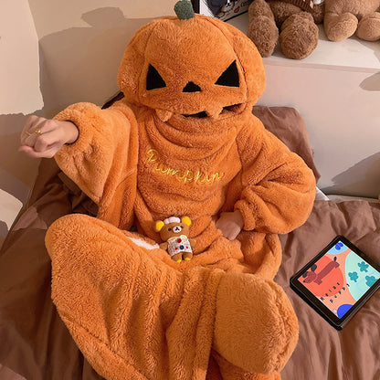 Autumn and Winter Coral Fleece Thickened Cartoon Pumpkin Quirky Loungewear