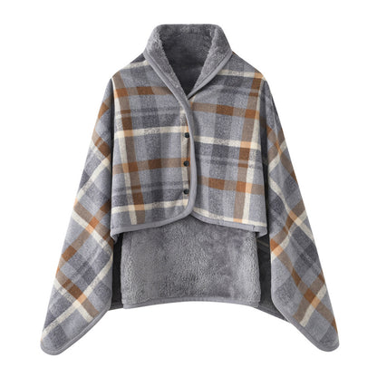 A buttoned shawl blanket for lunch break