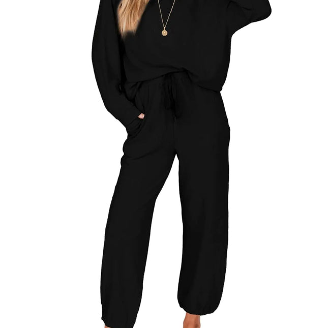 SHEWIN Two Piece Sets for Women Summer 2025 Waffle Knit Lounge Set Casual Crewneck Long Sleeve Shirts Loose Pants Vacation Outfits Matching Sets Women Clothing Black Medium