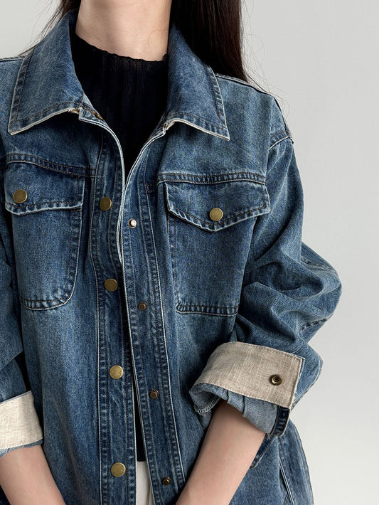 Retro washed denim women's fitted jacket with waistband