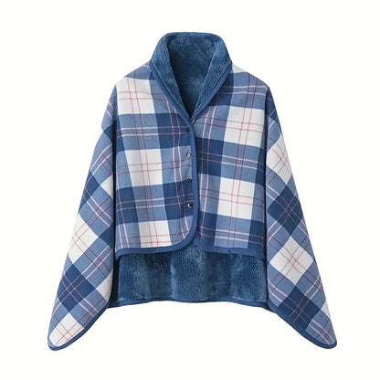 A buttoned shawl blanket for lunch break