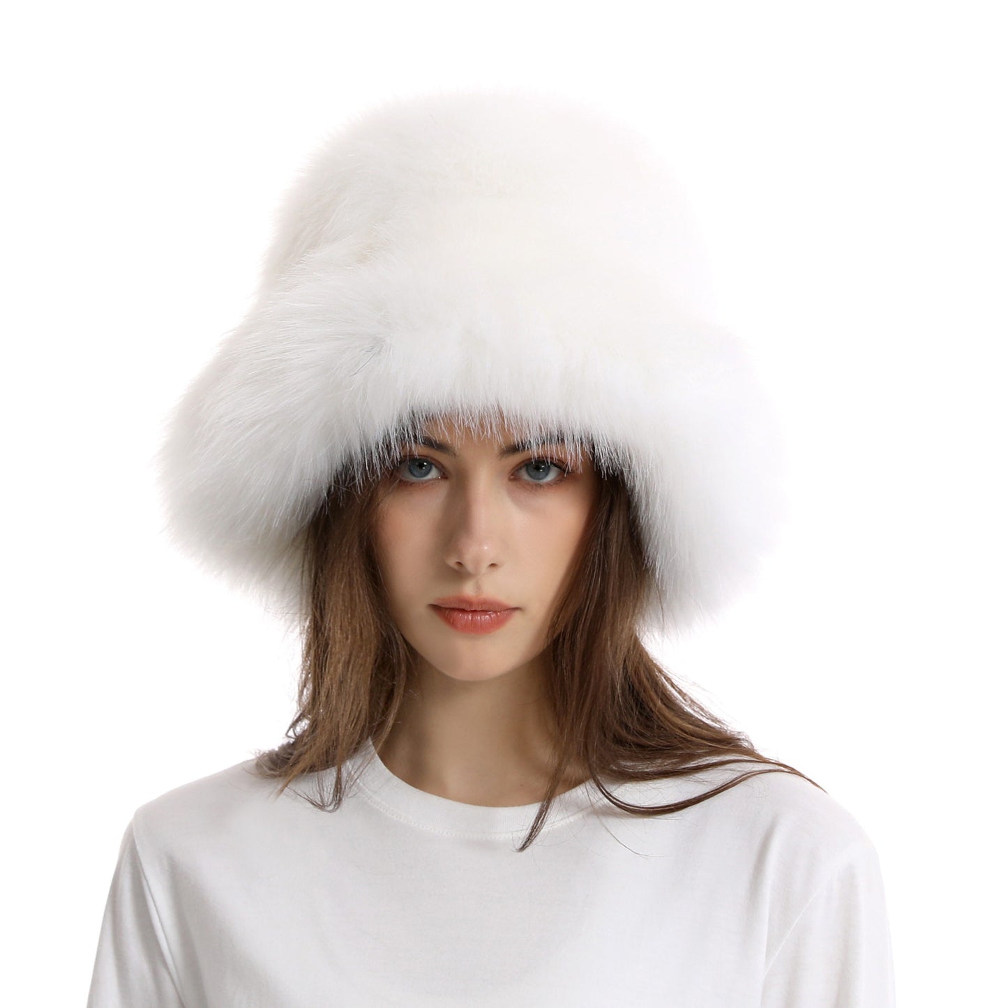 Winter Faux Fur Bucket Hat with Wide Brim