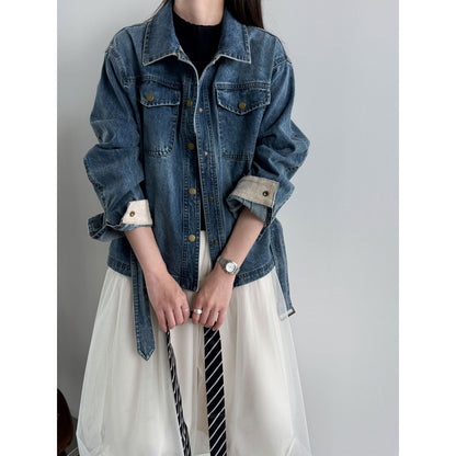 Retro washed denim women's fitted jacket with waistband