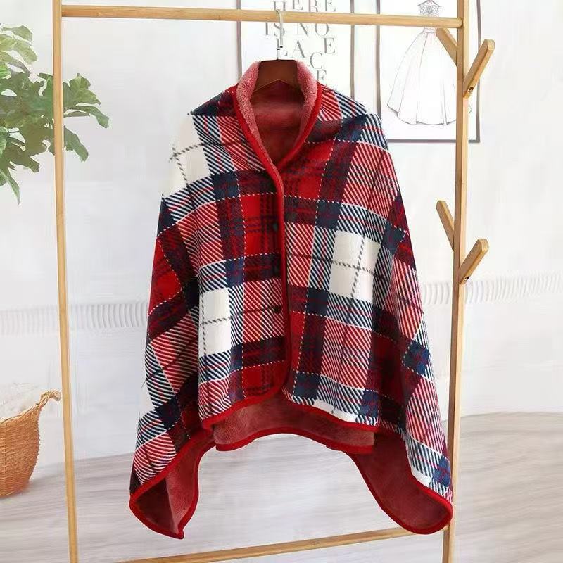 A buttoned shawl blanket for lunch break