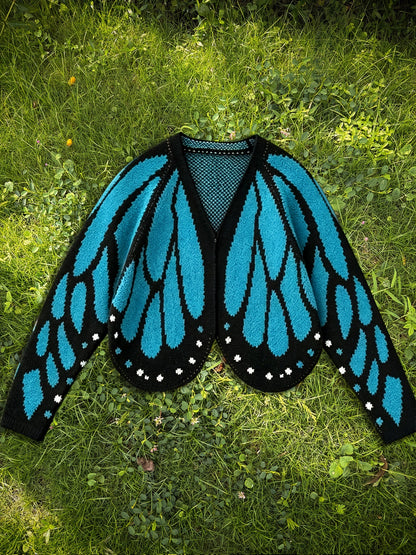 Autumn Winter Knitted Butterfly Color Block Batwing Sleeve Cardigan