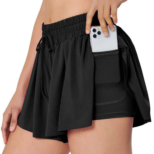 Heathyoga Flowy Shorts for Women 2 in 1 Gym Yoga Butterfly Shorts Flowy Running Shorts Athletic Shorts Workout Shorts Black