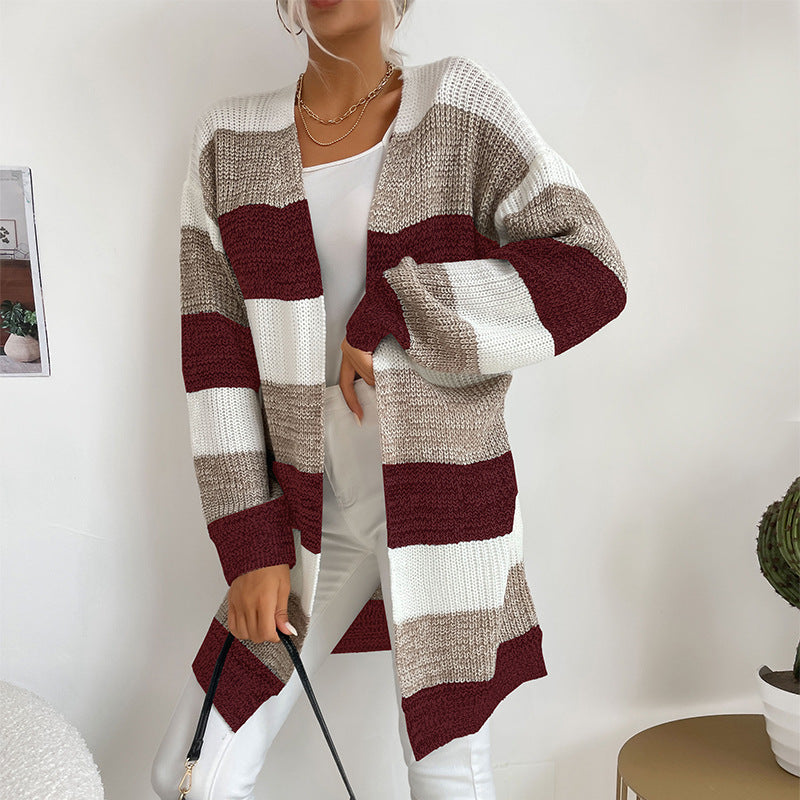 Womens Color Block Buttonless Sweater Coat