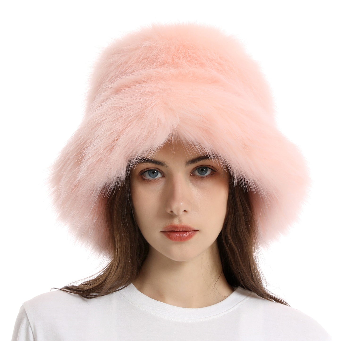 Winter Faux Fur Bucket Hat with Wide Brim
