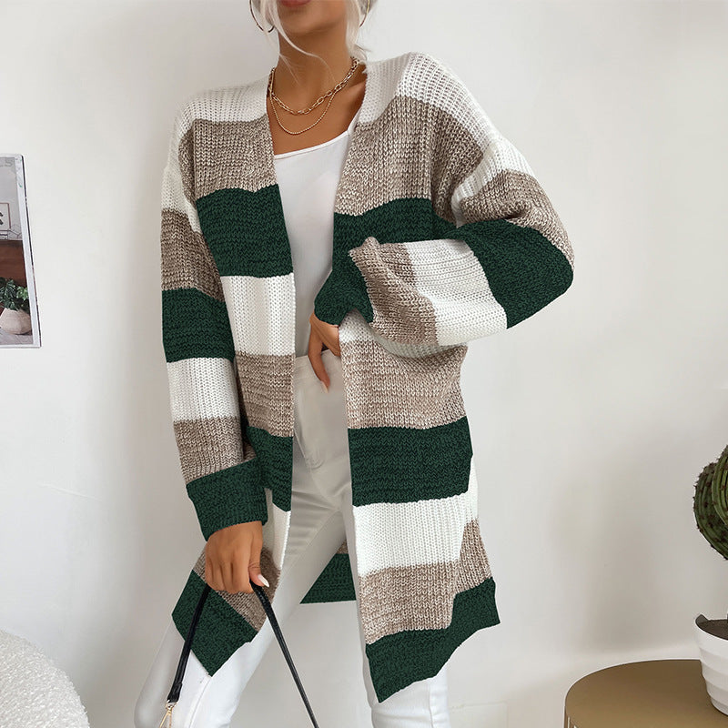 Womens Color Block Buttonless Sweater Coat