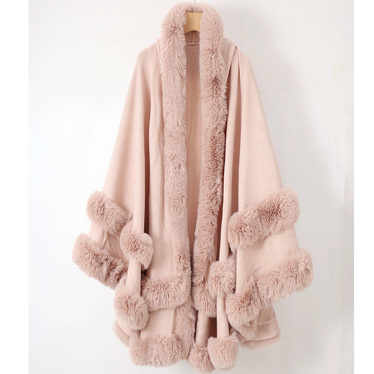 Knitted Fur Collar Shawl Cape