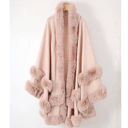 Knitted Fur Collar Shawl Cape
