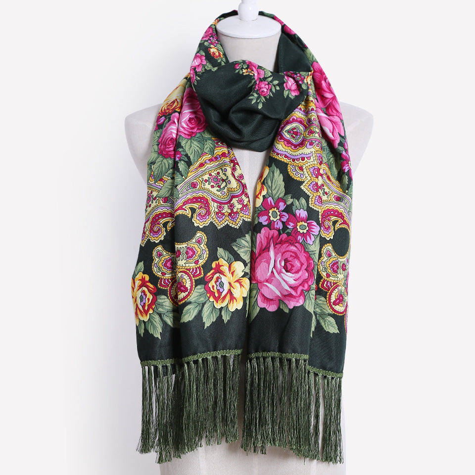 Floral Print Fringe Shawl
