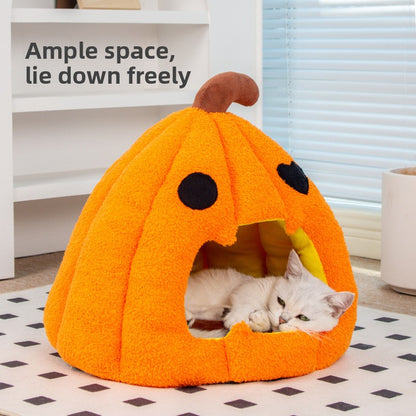 Halloween Pumpkin Pet Bed Warm Enclosed Cat Dog Nest