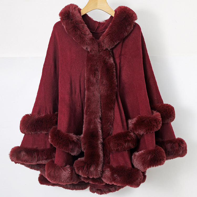 Knitted Fur Collar Shawl Cape