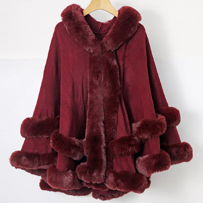 Knitted Fur Collar Shawl Cape