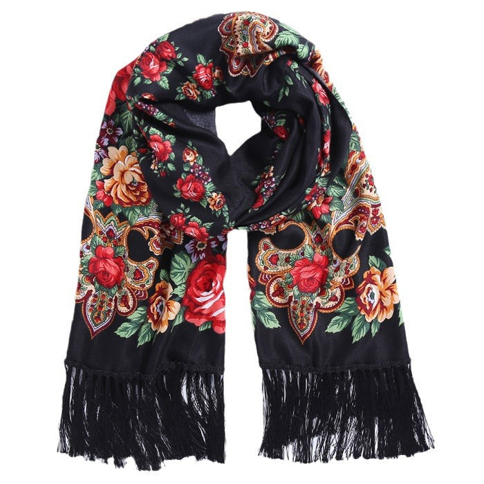 Floral Print Fringe Shawl