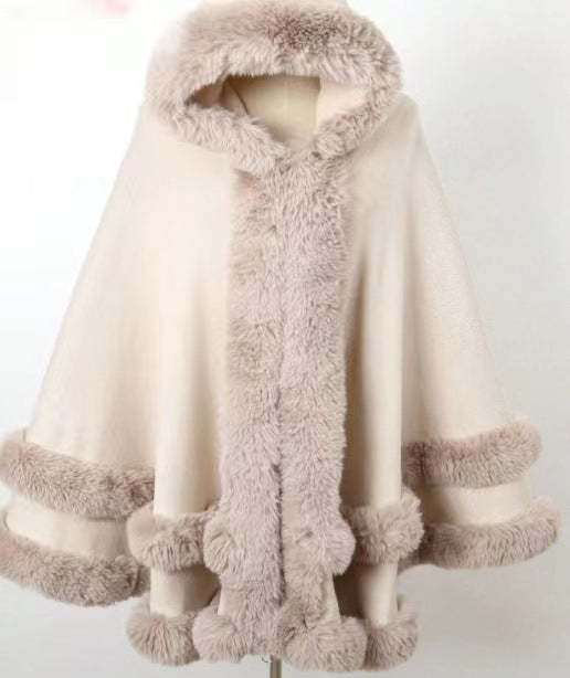 Winter Fleece Lined Wool Cape with Fur Collar