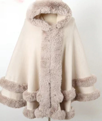 Winter Fleece Lined Wool Cape with Fur Collar