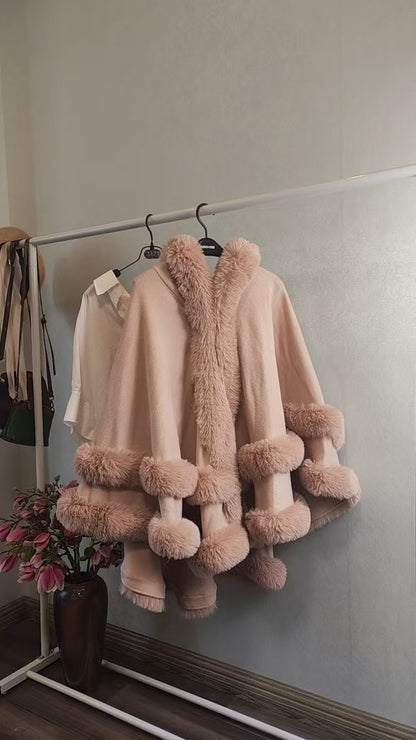 Winter Fleece Lined Wool Cape with Fur Collar