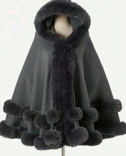 Winter Fleece Lined Wool Cape with Fur Collar