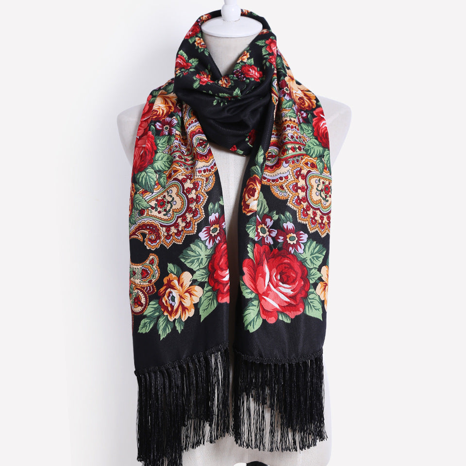 Floral Print Fringe Shawl