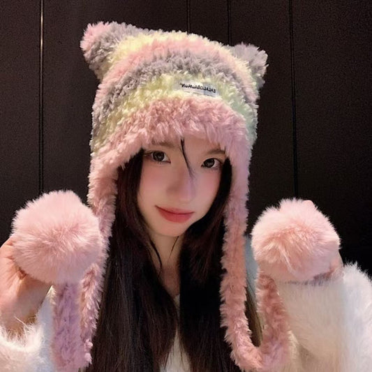 Winter Plush Striped Knitted Hat