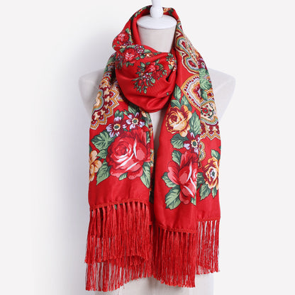 Floral Print Fringe Shawl
