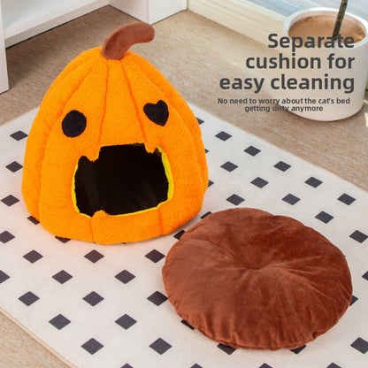 Halloween Pumpkin Pet Bed Warm Enclosed Cat Dog Nest