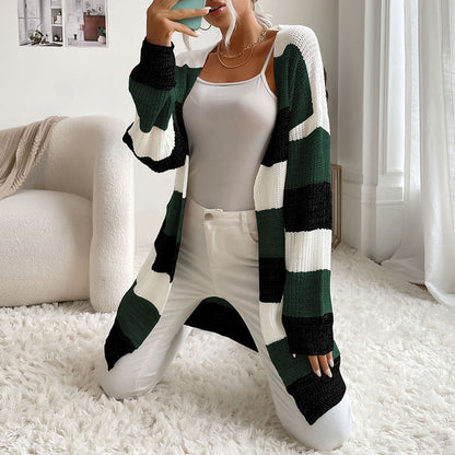 Womens Color Block Buttonless Sweater Coat