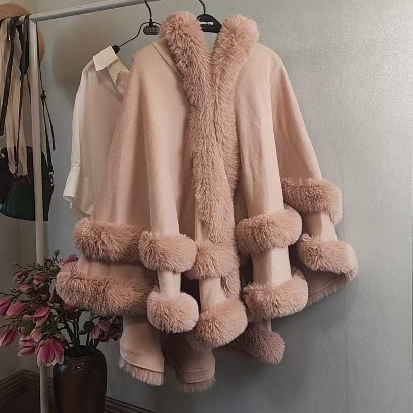 Winter Fleece Lined Wool Cape with Fur Collar
