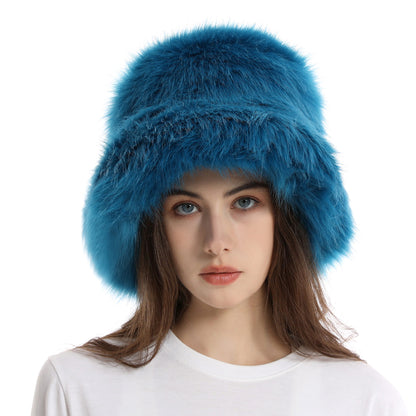 Winter Faux Fur Bucket Hat with Wide Brim