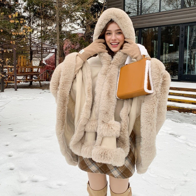 Knitted Fur Collar Shawl Cape