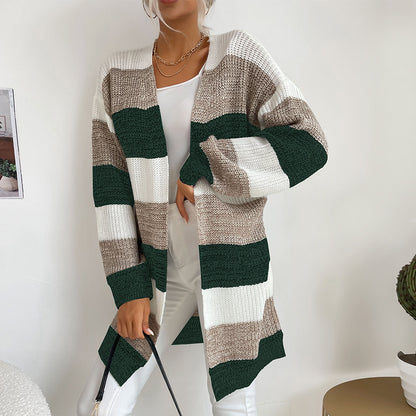 Womens Color Block Buttonless Sweater Coat