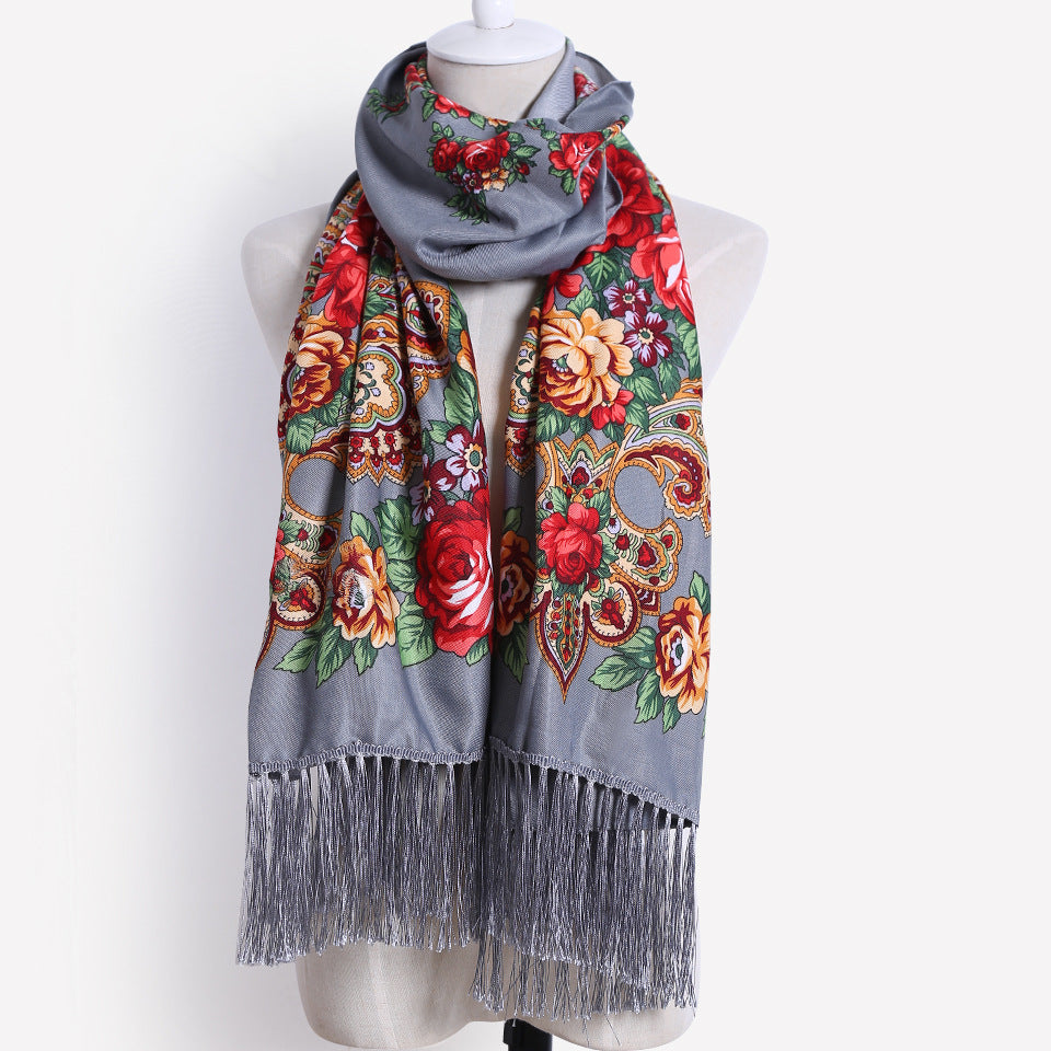 Floral Print Fringe Shawl