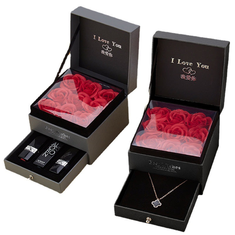 Double Layer Rose Jewelry Gift Box with Drawer