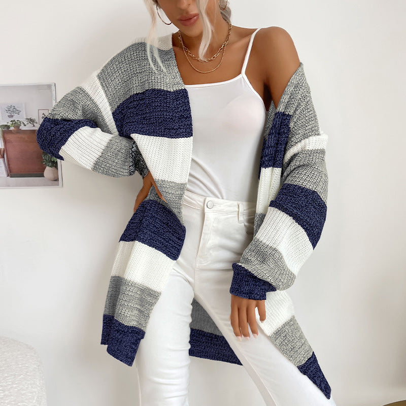 Womens Color Block Buttonless Sweater Coat