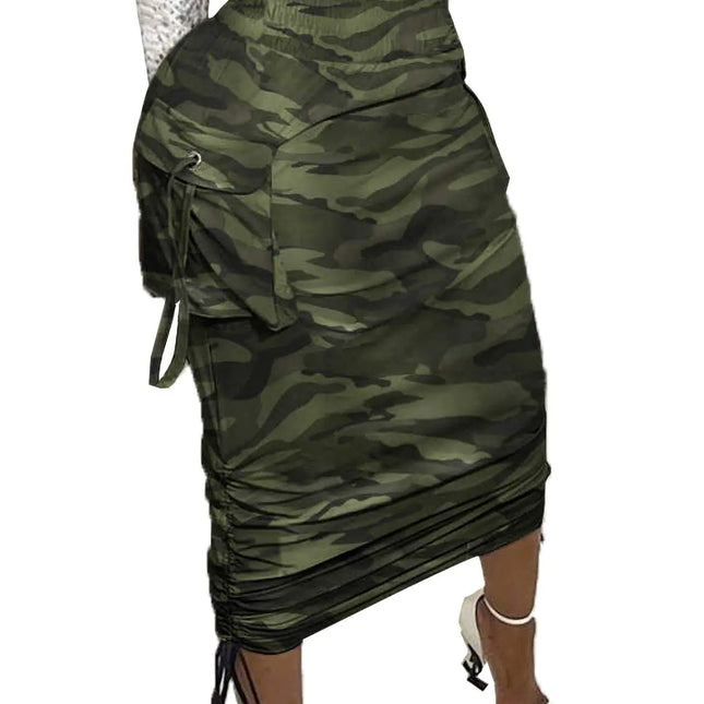Voghtic Camo Skirts for Women High Waisted Ruched Drawstring Long Pencil Skirts with Pockets