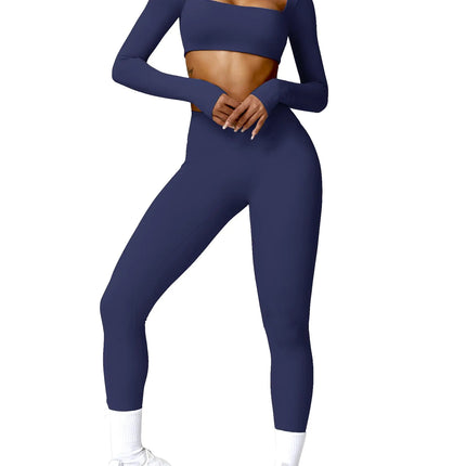 2 Piece Workout Sets for Women Long Sleeve Crop Tops and Yoga Pants Outfits High Waist Flared Leggings Gym Sets Dark Blue L