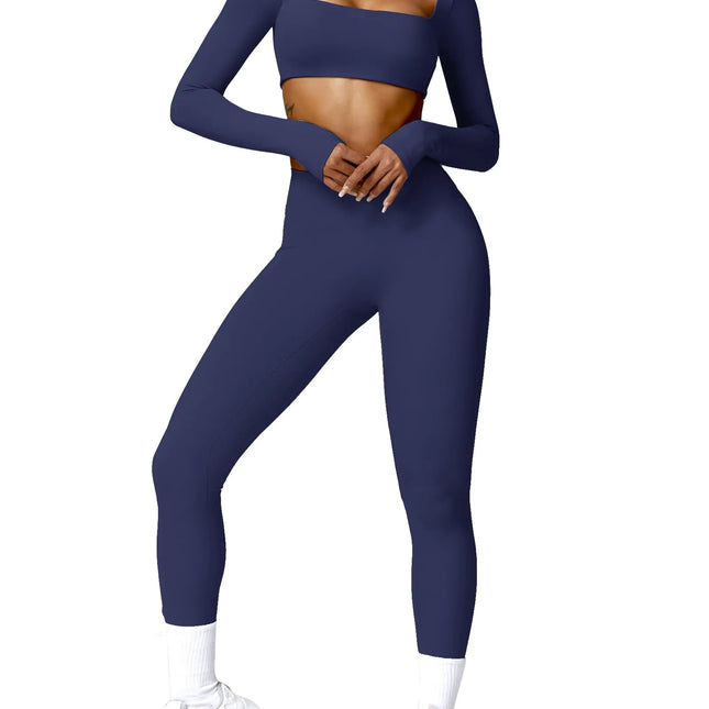 2 Piece Workout Sets for Women Long Sleeve Crop Tops and Yoga Pants Outfits High Waist Flared Leggings Gym Sets Dark Blue L